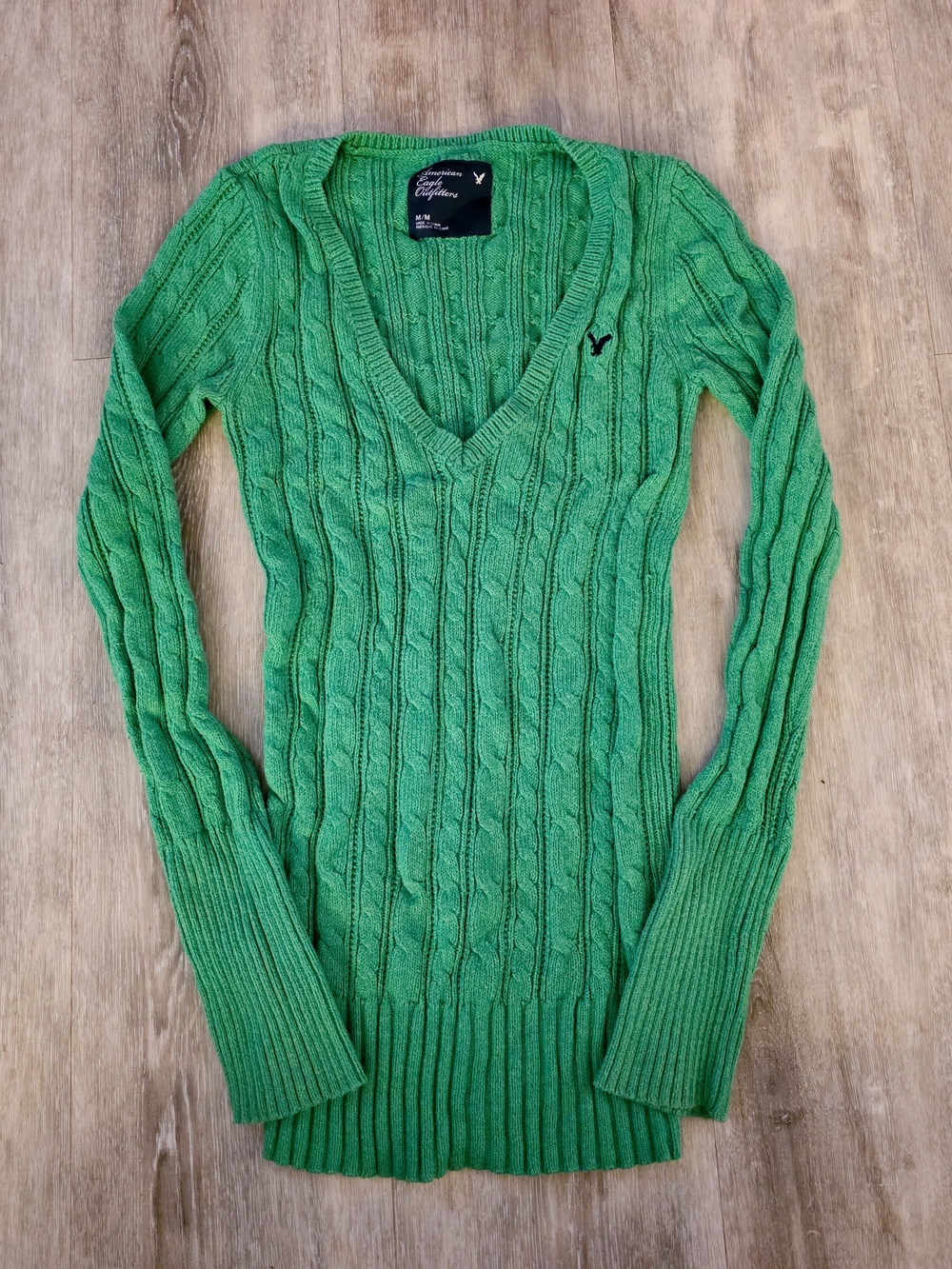 Y2K American Eagle Green Cable Knit V Neck Sweater Women M